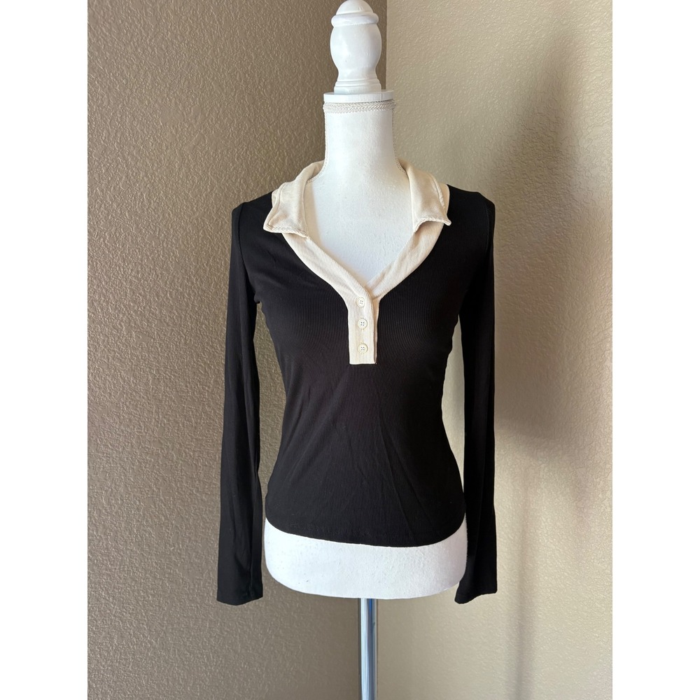 Dazy Women XL Ribbed Long Sleeve Henley Top Black Cream Contrast Collar V-Neck